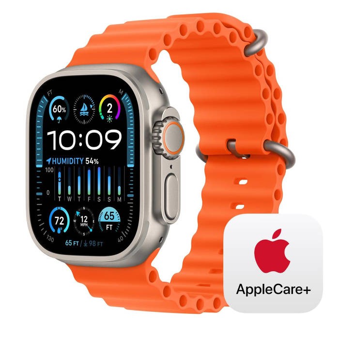 Apple Watch Ultra 2 [GPS + Cellular 49mm] Smartwatch with Rugged Titanium Case & Orange Ocean Band. Fitness Tracker, Precision GPS, Action Button, Bright Retina Display with AppleCare+ (2 Years)